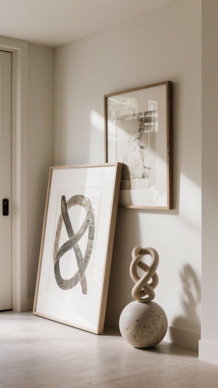 Medium straight-on shot of a curated entry vignette: one large framed print leaned against the wall with a smaller framed piece overlapping for layered depth, a sculptural ceramic knot and a smooth stone orb beside them; varied heights and materials, gallery-like feel; neutral wall, gentle daylight, shadows adding dimensionality