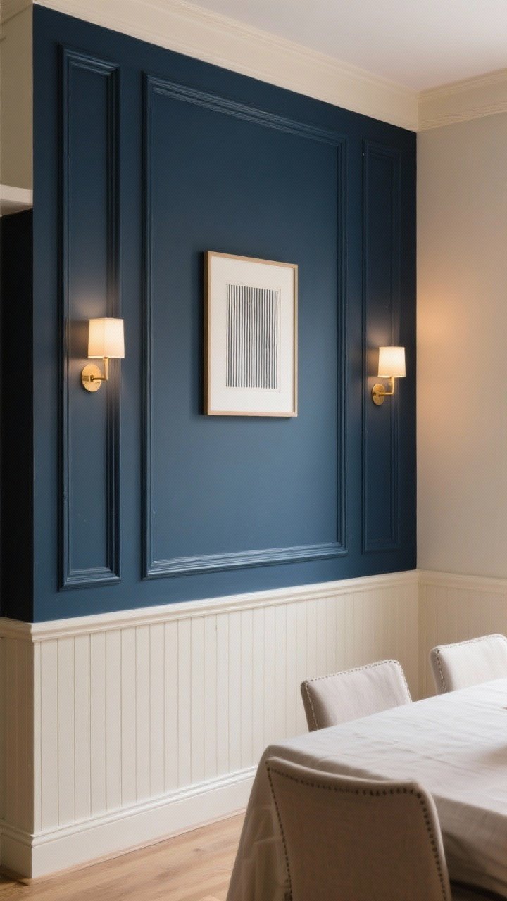 Medium straight-on shot of a dining room wall with tonal picture-frame molding painted the same rich navy as the wall for subtle depth; half-height wainscoting transitions to creamy upper wall where a single simple artwork hangs; vertical slat paneling detail visible on an adjacent low-ceiling wall to add height; soft warm sconces grazing the moldings to highlight texture; minimal decor so the architectural detail reads clean and elevated