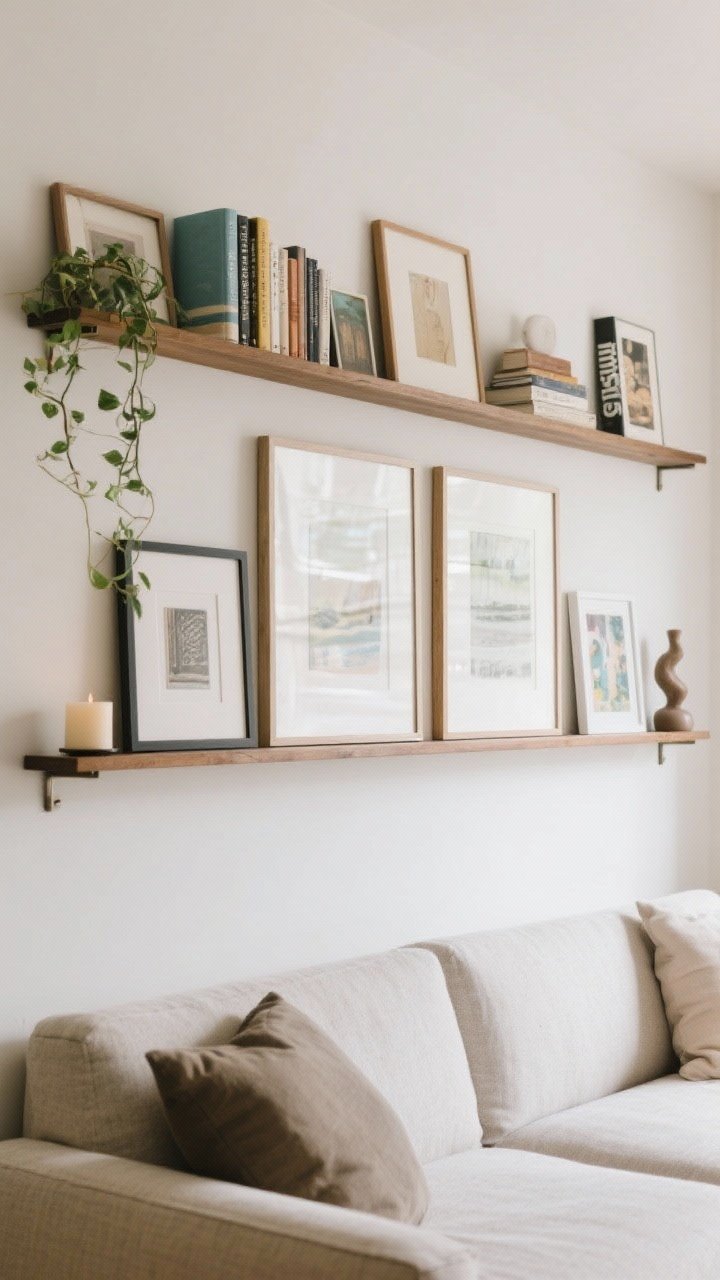 Medium, straight-on shot of a long picture ledge above the couch used as a ledge gallery; two rails installed, one about 10–12 inches above the other; leaned art and books in a tight color palette; mix of frame sizes; include a small trailing plant and a sculptural candle for dimension; casual yet curated styling; gentle daylight with mild contrast.