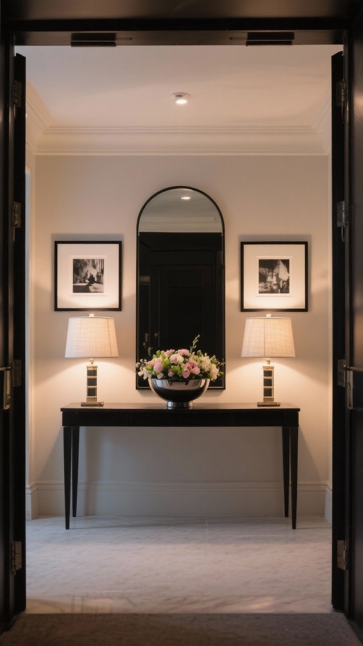Medium straight-on shot of a polished, symmetrical entryway: two identical linen-shaded table lamps flanking a central floral arrangement in a sleek bowl, twin black-and-white framed prints on either side, a larger arched mirror leaned behind them, center element slightly taller for balance; clean lines, boutique-hotel vibe, neutral palette with black accents, warm lamp glow at dusk