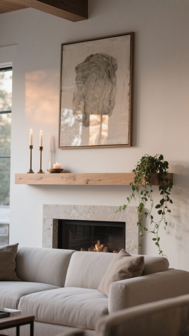 Medium, straight-on shot of a slim shelf mantel installed behind the couch, in light wood or stone; shelf depth 4–6 inches; styled with one large anchored artwork, a symmetrical pair of candlesticks, and a trailing plant draping gracefully; restrained, architectural presence; soft evening light with subtle reflections on candleholders, photorealistic materials.