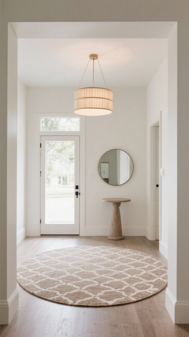 Medium, straight-on shot of a square foyer with a round rug fully clearing the door swing: circular flatweave in soft taupe and ivory pattern; pair with a round mirror and a drum pendant above to echo curves; optionally a small centered pedestal table; gentle overhead pendant glow mixed with daylight; the round rug softens boxy walls and corners.