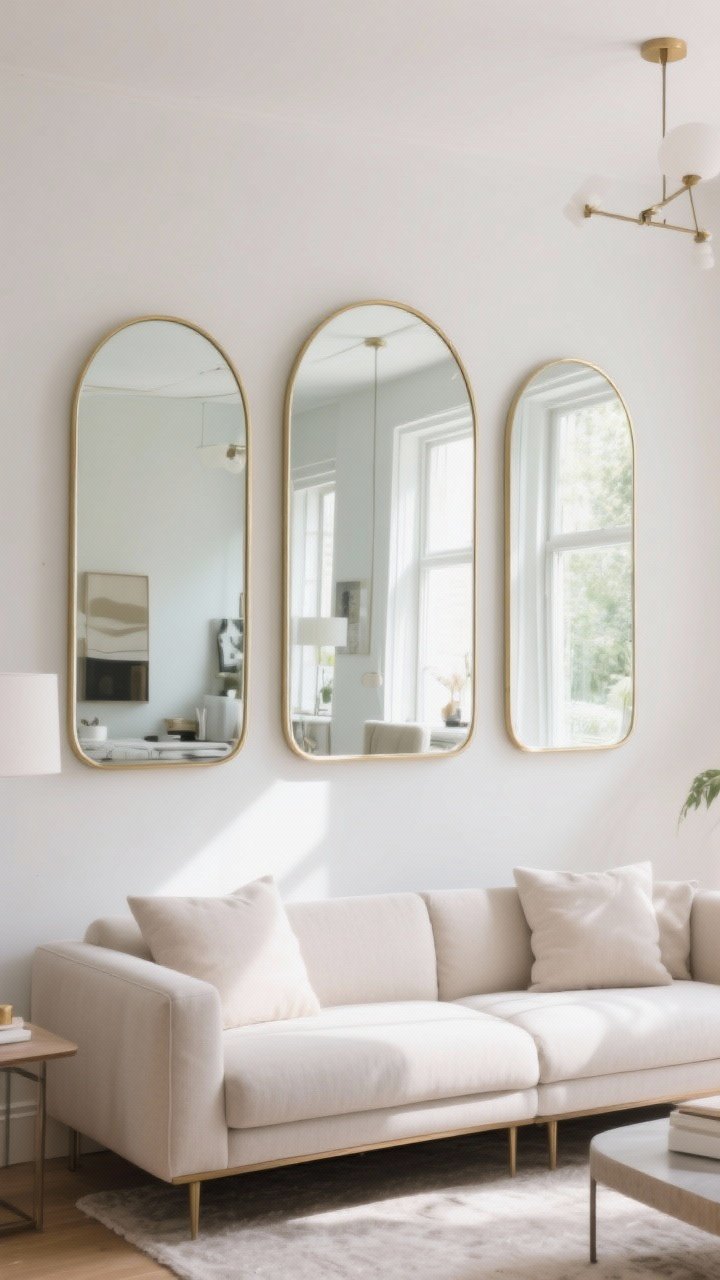 Medium, straight-on shot of a statement mirror above the couch; choose one large arched mirror with thin brass edging for a soft modern touch, or a trio of vertical panel mirrors for symmetry; reflective surface brightens the space, bouncing light; ensure reflected scene is tidy and attractive; lighting is bright but natural, creating a chic, airy feel.
