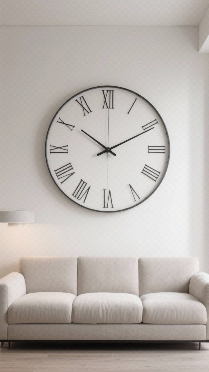 Medium, straight-on shot of an oversized wall clock centered above the couch; minimalist face with slender hands or refined Roman numerals; clock diameter at least half the width of the sofa for balance; mounted at eye level from a seated position; uncluttered surroundings to keep it sleek and sculptural; even, neutral lighting for readability, photorealistic materials.