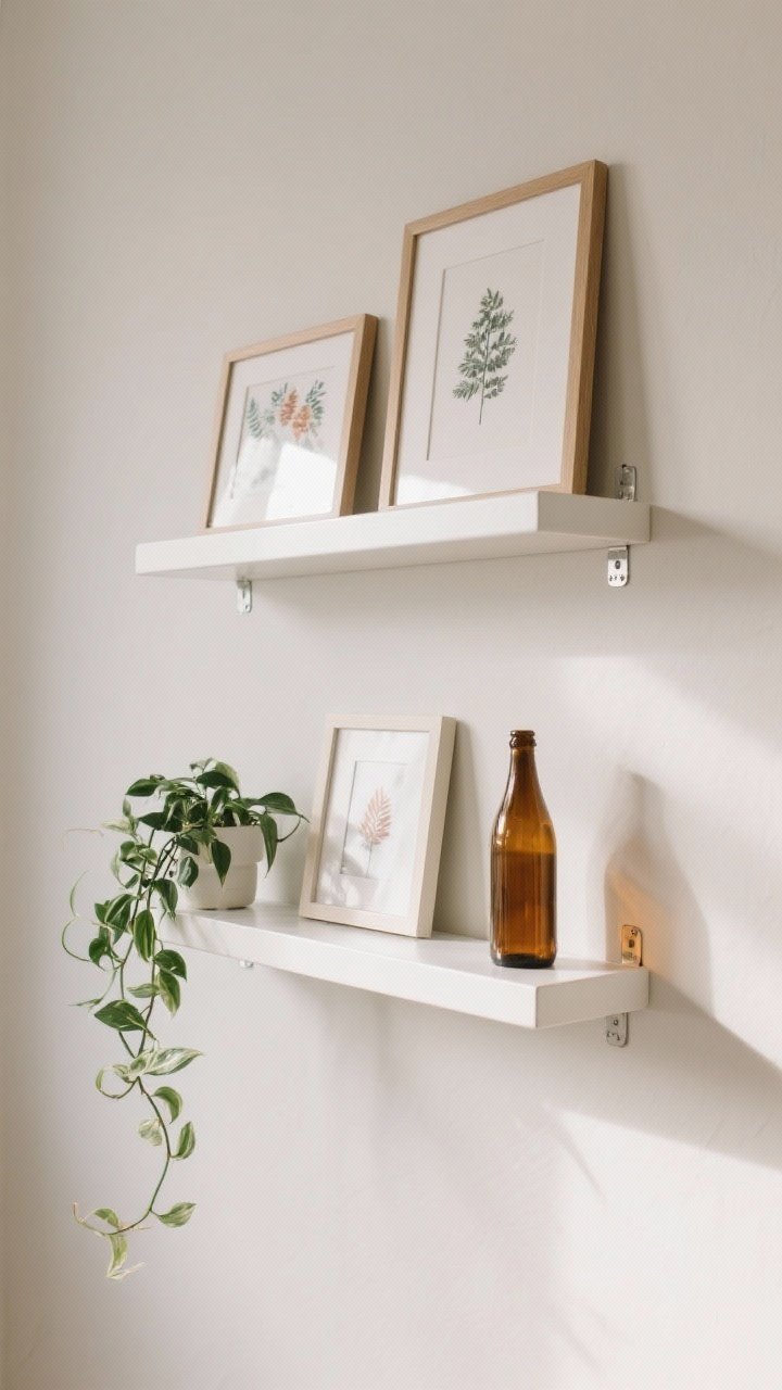 Medium straight-on shot of two staggered white picture ledge shelves on a pale wall: layered frames in varying sizes, a small trailing pothos, amber glass bottles, and a few seasonal prints; command strips discreetly tacking frame bottoms; varied heights for movement; soft natural light creating gentle shadows.