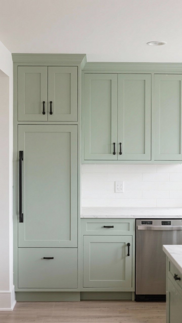 Medium, straight-on view of slim-rail shaker cabinets in a muted sage color with satin finish, paired with simple matte black bar handles and classic cup pulls; panel-fronted refrigerator and dishwasher blend seamlessly; soft white walls, greige accents, and under-cabinet shadow lines; clean, wipeable feel with even, diffused lighting.