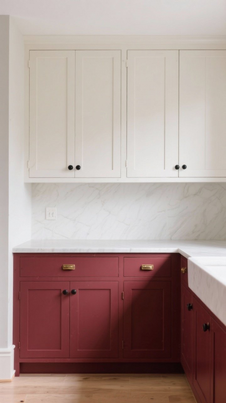 Medium, straight-on view of two-tone cabinetry: lower cabinets in a warm burgundy with simple Shaker doors, uppers in a soft white (not bright); matte black or antique brass hardware for contrast; light countertops to prevent heaviness; balanced, timeless look with even, warm lighting to keep the space open and not cave-like.