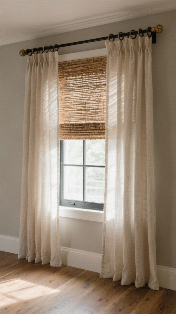 Medium, straight-on window treatment shot: layered woven wood shades beneath long linen drapery panels that kiss the floor; matte black or antique brass hardware with simple rings; gentle daylight filtering through, creating movement and warmth; minimal pattern, soft shadows on adjacent greige wall and oak floor.