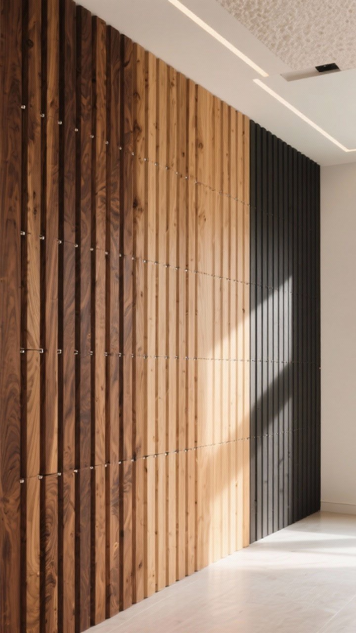 Medium-to-wide angle of a vertical wood slat accent wall adding warmth and Scandinavian style; evenly spaced 1/2-inch gaps using precise spacers; finish options visible along the wall: sections in walnut (luxe), natural oak (airy), and ebony (edgy); MDF slats shown with a high-quality stain; acoustic texture emphasized; ceiling appears taller; gentle side lighting casting slim shadows between slats.