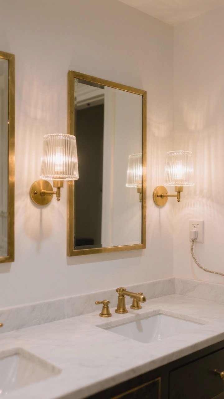 Medium vanity shot with a pair of ribbed glass sconces flanking a mirror, emitting a warm vintage hotel glow; brass backplates coordinating with other hardware, white wall and simple counter styling, photorealistic light falloff; secondary option visible: a plug-in cord neatly managed, suggesting renter-friendly install
