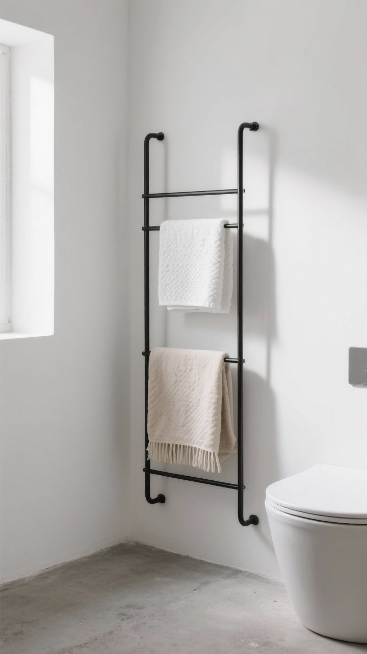 Medium vertical shot of a narrow matte black metal towel ladder leaning against a small bathroom wall; layered with two textured white towels and a lightweight beige throw, minimal depth, concrete-look floor and clean white wall, bright diffused daylight, effortless modern styling