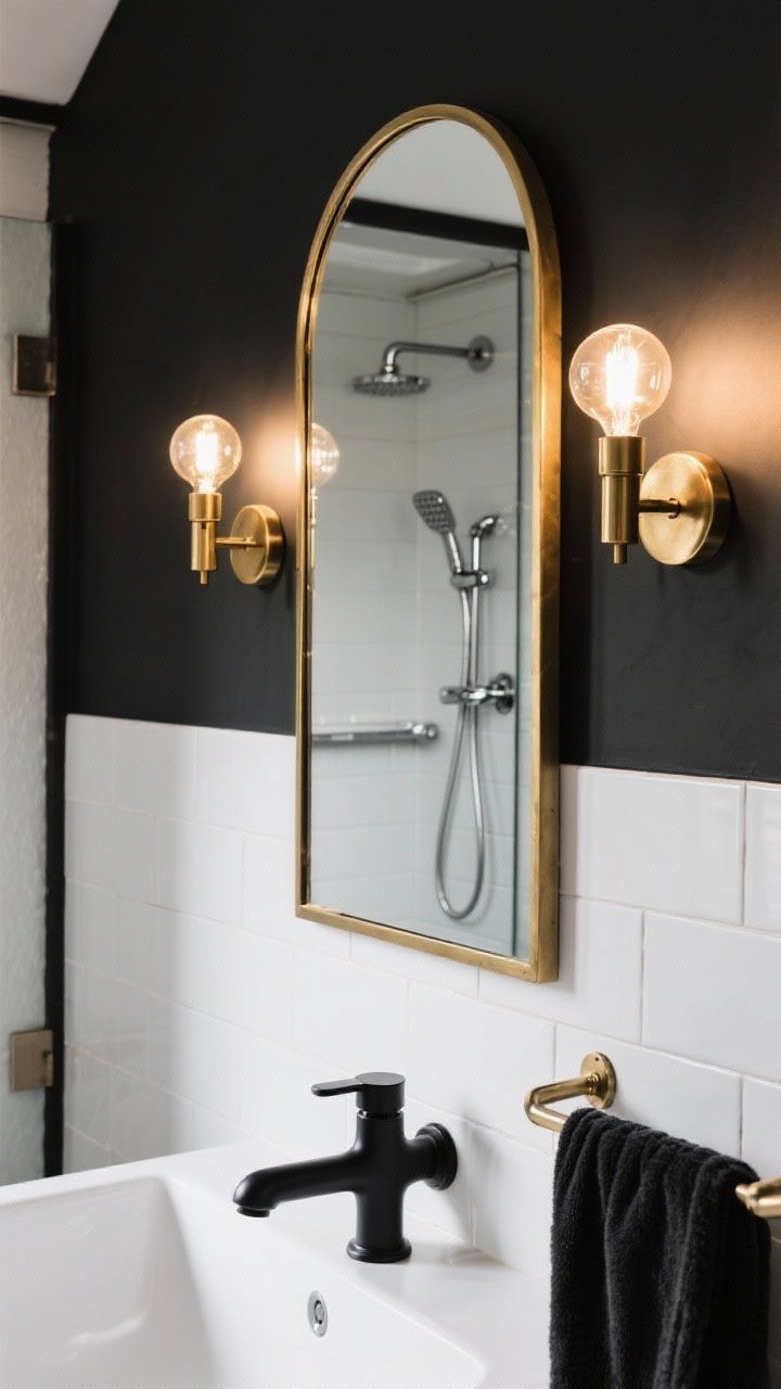 Medium vignette: Metal-mixing composition—brass arched mirror and brass sconces, matte black faucet and robe hooks, chrome shower controls glimpsed in background; black-and-white base palette with white tile; warm bulbs to flatter brass tones; straight-on view ensuring each metal appears at least twice and one finish clearly dominant (brass).