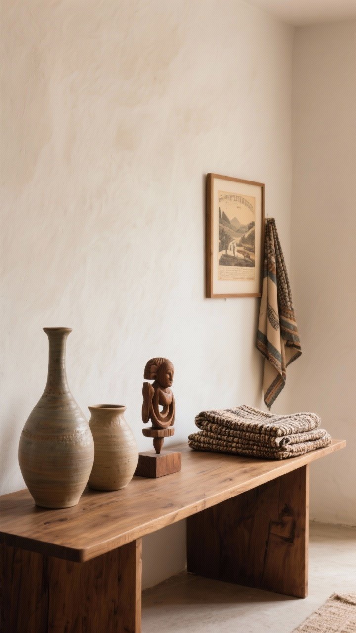 Medium vignette of artisan objects on a wood console: hand-thrown ceramic vases, a small carved wooden sculpture, and a folded woven textile; a framed travel-found scarf leans against the wall; simple styling with breathing room so each handmade piece stands out; soft warm daylight.