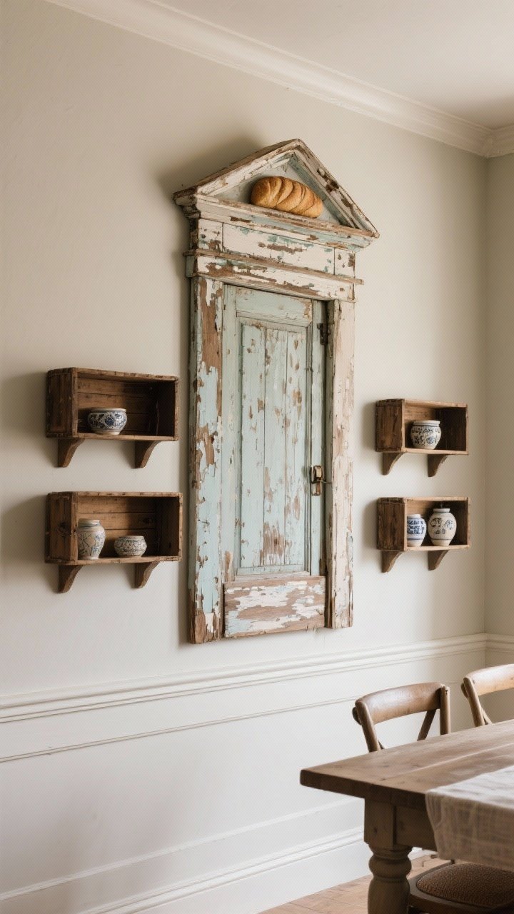 Medium vignette of character pieces on a dining room wall: a salvaged doorway pediment with chipped paint patina centered above an antique breadboard collection; a pair of old wine crates mounted as shallow shelves holding small ceramics; mix with a modern chair rail to keep the look curated not themed; neutral wall, directional light highlighting texture and history; three-quarter angle composition