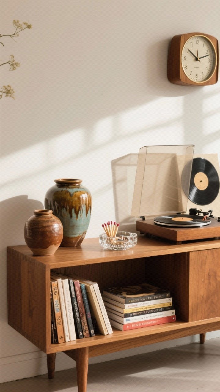 Medium vignette: Personality-packed console scene—vintage pottery with earthy glazes, a mid-century clock on the wall, a record player with a few sleeves propped, and a quirky glass ashtray repurposed as a match holder. Books stacked thoughtfully with negative space. Warm afternoon light, collected not matchy.