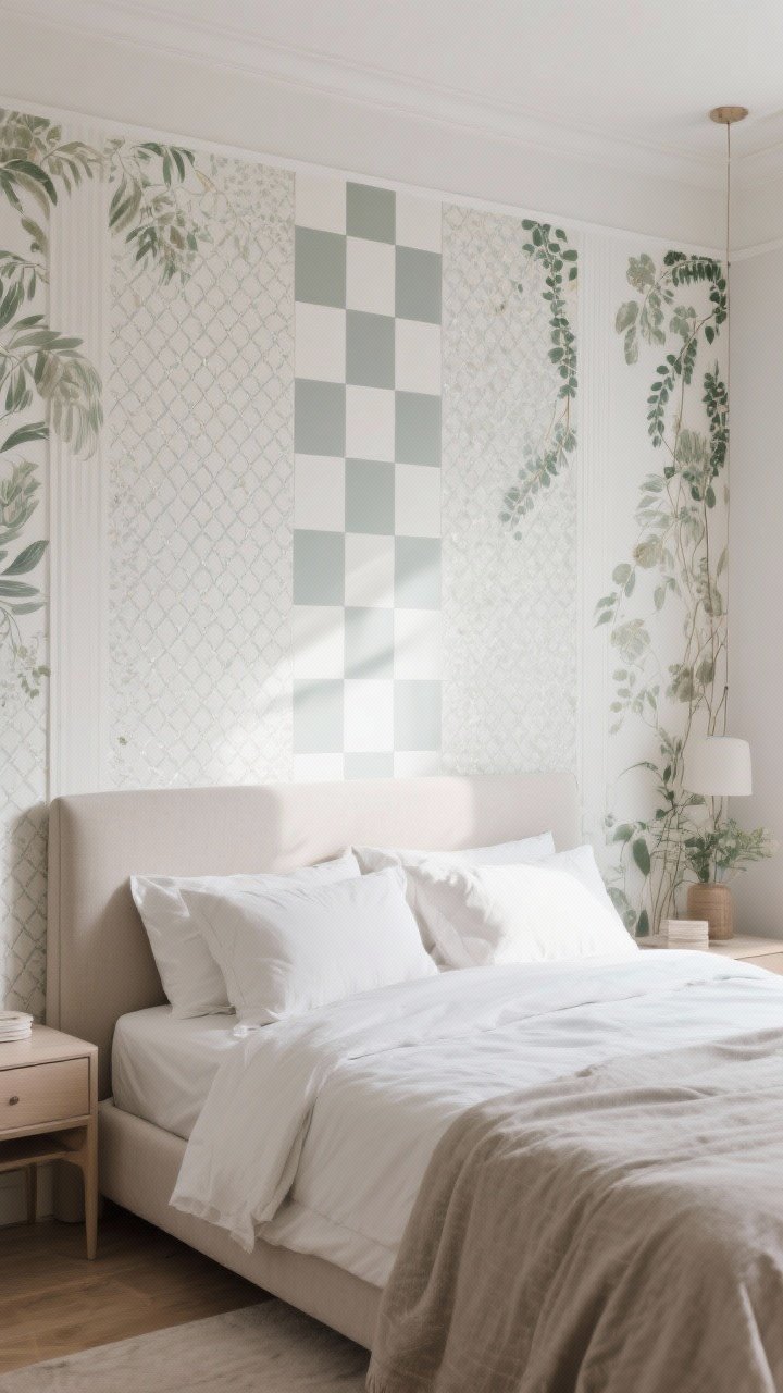 Medium/wide shot: A bedroom with a statement wall—peel-and-stick wallpaper in a subtle micro-geometric or checkerboard pattern behind the bed acting as the accent wall; include a “mural moment” feel with dreamy botanical elements integrated or a painted vertical stripe behind the headboard for faux architectural detail; furnishings kept simple to let the wall star; balanced daylight with gentle shadows, photorealistic.