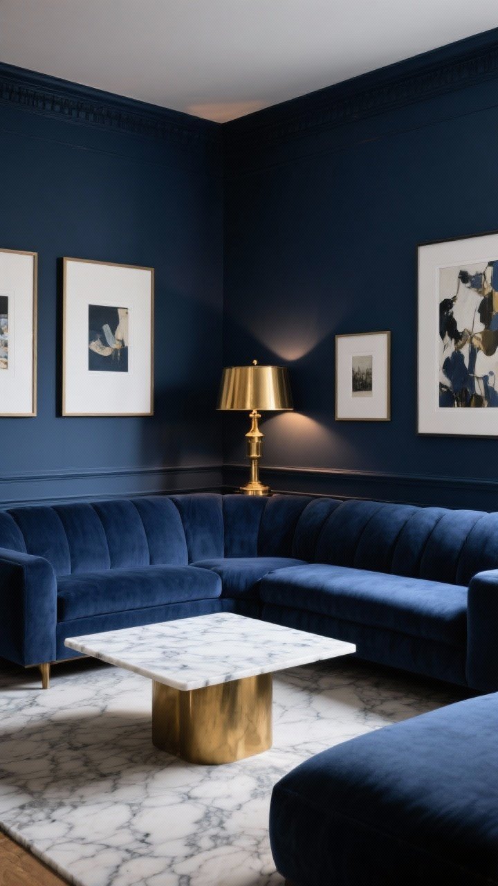 Medium-wide shot: A moody living room with matte deep navy walls and a navy-blue couch blending into the background, brass table lamps casting warm pools of light, a white-veined marble coffee table adding contrast, and oversized framed art with crisp white mats punctuating the blue; luxurious, cocoon-like vibe, photorealistic.