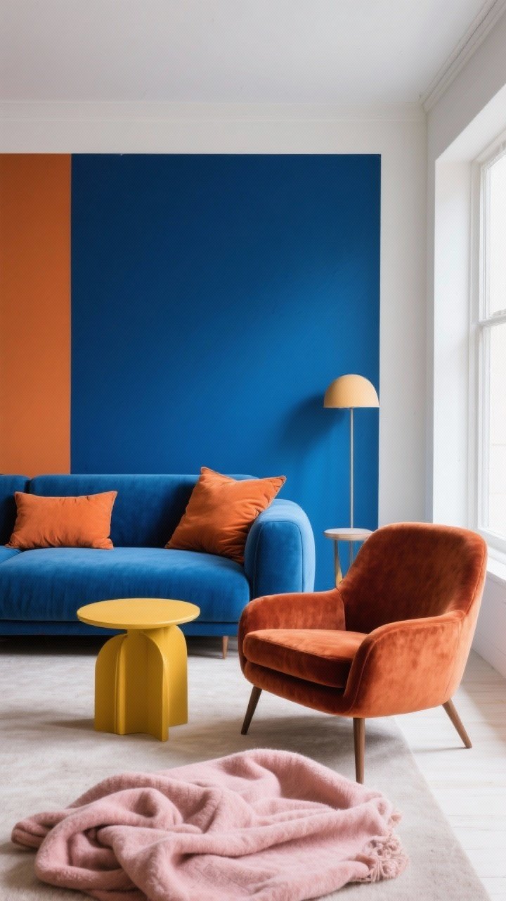 Medium-wide shot: Bold color-blocked living room where a saturated blue couch is paired with terracotta throw pillows and a rust velvet accent chair, a mustard-painted side table, and a blush throw; clean walls and minimal styling let the hues sing; editorial, high-contrast lighting, photorealistic.