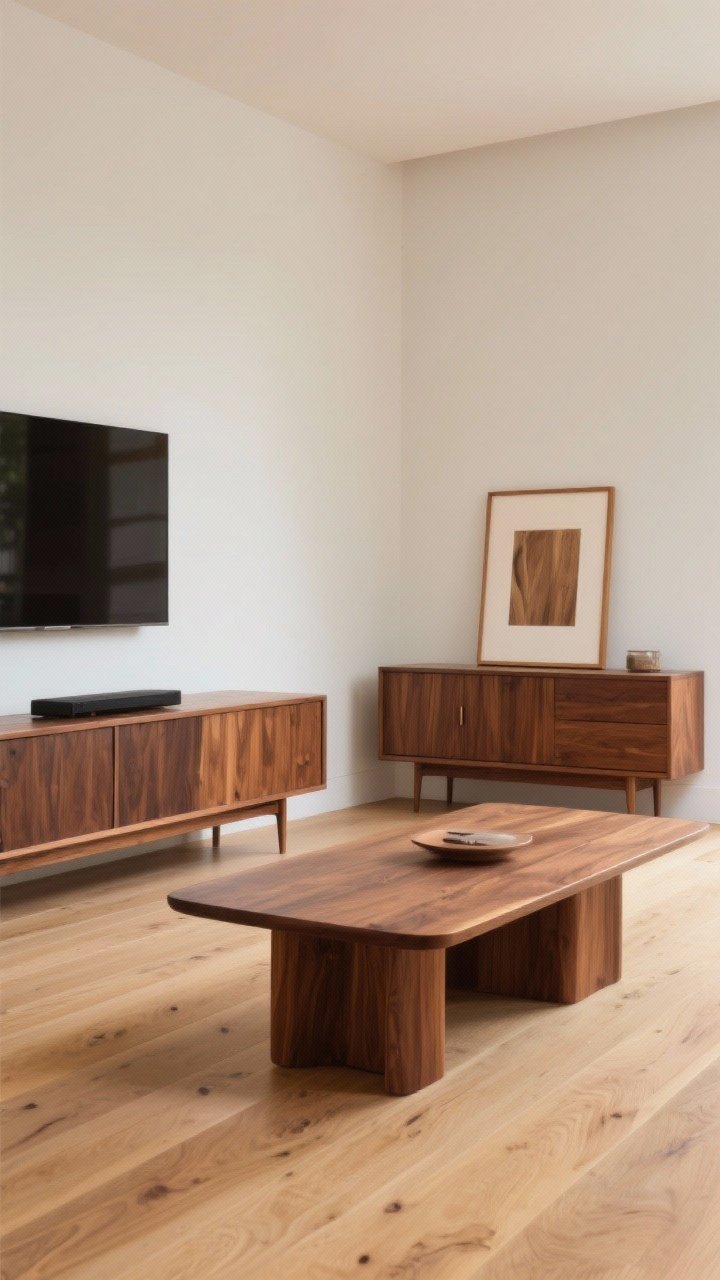 Medium-wide shot: Vignette of mixed warm woods—walnut coffee table, teak media cabinet, and an oak picture frame. Matte to satin finishes, cohesive shapes, walnut as the dominant tone repeated three times. Light oak flooring contrasts with richer walnut furniture. Soft, diffused daylight, calm and curated.