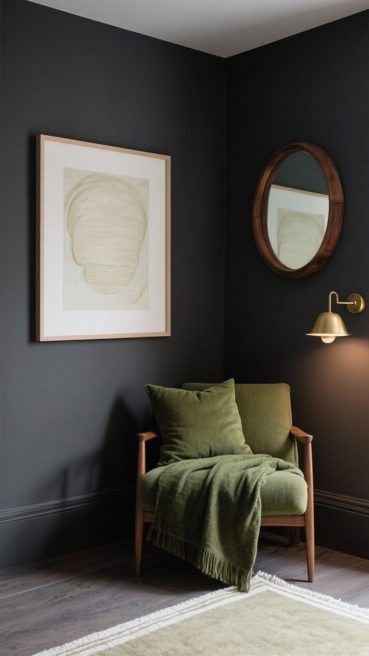 Moody corner medium shot: Charcoal grey walls forming a cozy nook with an olive/forest green throw and pillows on a chair. Break up darkness with a large light-toned framed artwork and a round mirror reflecting light. Add warm wood frames, a brass sconce, and a pale rug with crisp white trim to keep it from feeling cave-like. Soft, warm lamp glow. Mood: intimate, grounded, sophisticated.