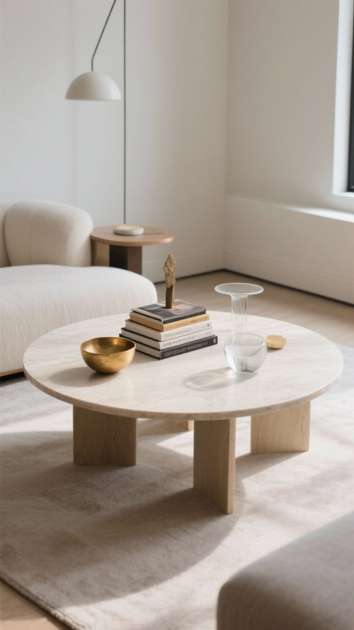 Multi-angle friendly round table scene, medium shot: a round coffee table styled by shape—center anchor (a low stack of books) with pieces arcing around it, including a small brass bowl and a glass accent for lift. Vary heights subtly; highlight the circular flow. Natural light, clean modern space; slight corner angle.