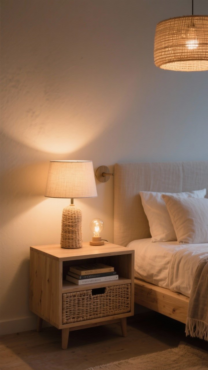 Nightstand and lighting vignette, medium closeup: linen-shaded bedside lamps with warm bulbs (2700K–3000K) casting a cozy glow, a woven or light-wood nightstand with open shelves or a woven drawer holding books, and a secondary accent sconce visible nearby; overhead hint of a simple drum shade or woven pendant; evening ambiance, warm glowy lighting; photorealistic