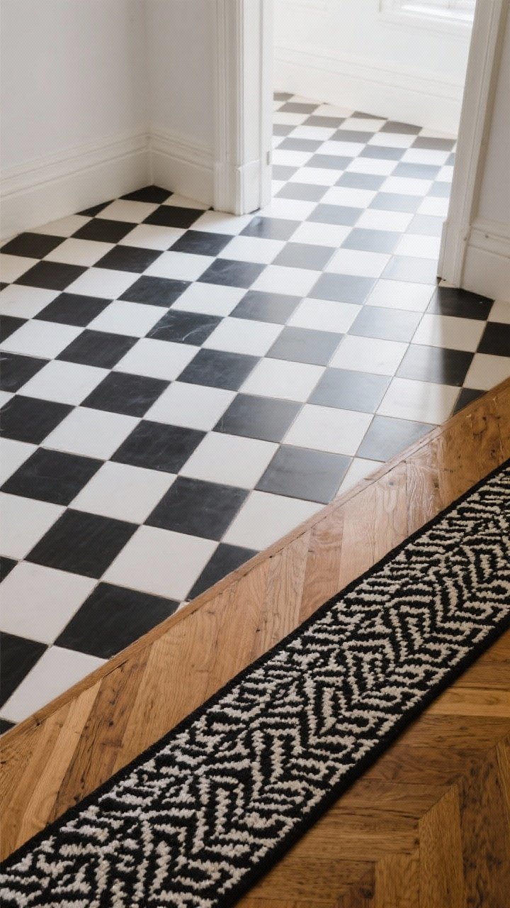 Overhead/angled floor shot: A graphic floor moment—classic black-and-white checkerboard tiles set on the diagonal with dark grout, transitioning to warm wood flooring that holds a black-and-white patterned washable runner; crisp, bright lighting to emphasize geometry and widen the room visually.