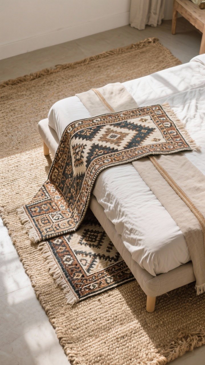 Overhead corner angle showing layered rugs: a large neutral jute rug as the base with a smaller patterned kilim or Moroccan/vintage-look rug layered on top and angled slightly across the lower third of the bed; visible bed legs and soft bedding edge; alternate version with slim runners on both bed sides for small-room vibe; natural daylight raking across fibers; photorealistic.