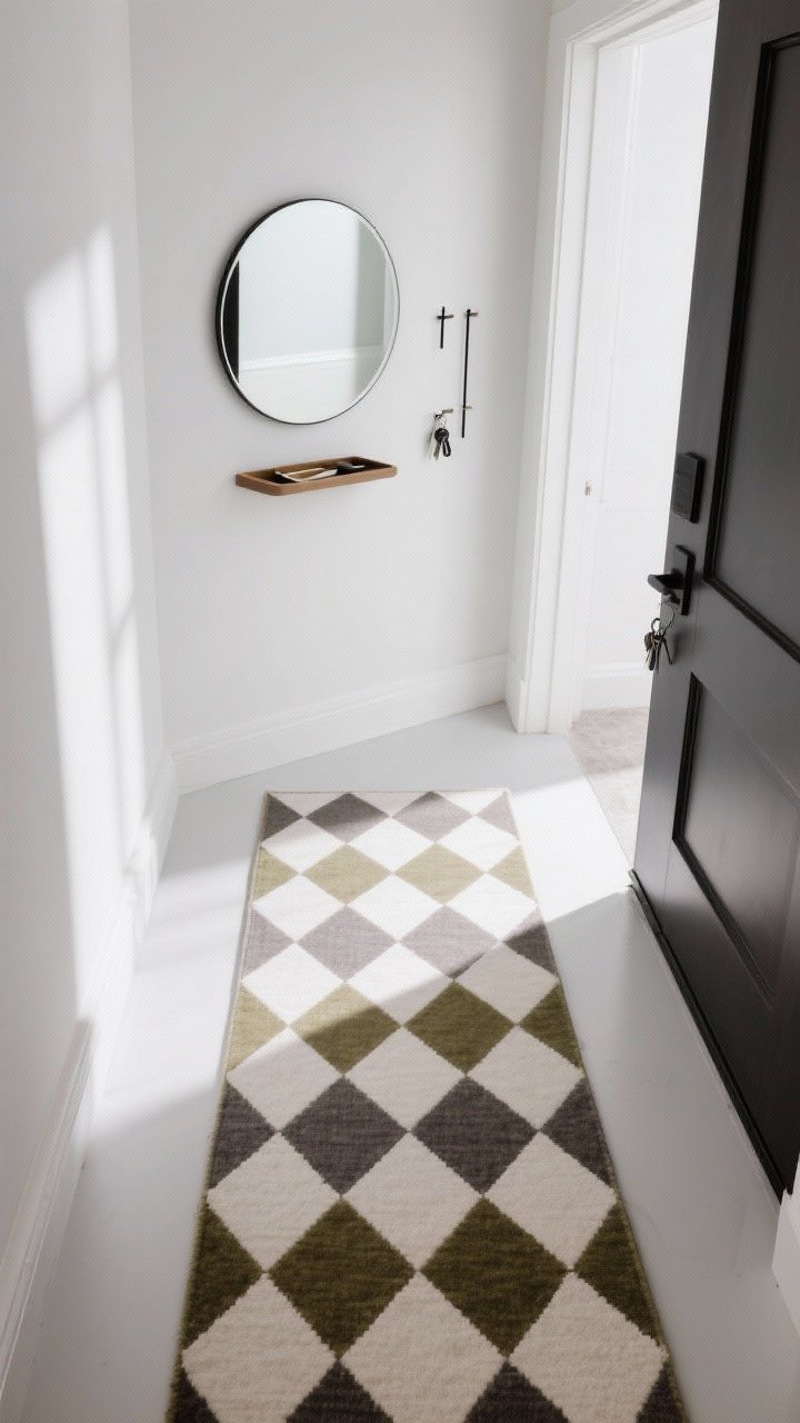 Overhead detail: A geometric runner with a tight palette of two to three colors—tonal blocks or a grid pattern—in a modern entry. Include the curved edge of a round mirror nearby to soften the angles, with streamlined, functional decor (tray for keys, slim hooks). Even, natural light emphasizes clean lines and edited simplicity.