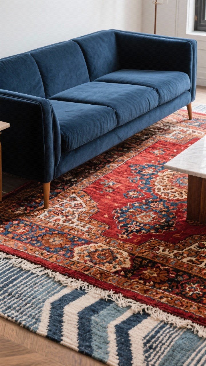 Overhead detail: A statement Persian/vintage-style rug with reds, rusts, and blues anchoring a navy couch—the front legs of the couch clearly resting on the rug; nearby, a modern striped geometric runner peeks from an adjacent zone for contrast; richly textured fibers, photorealistic.