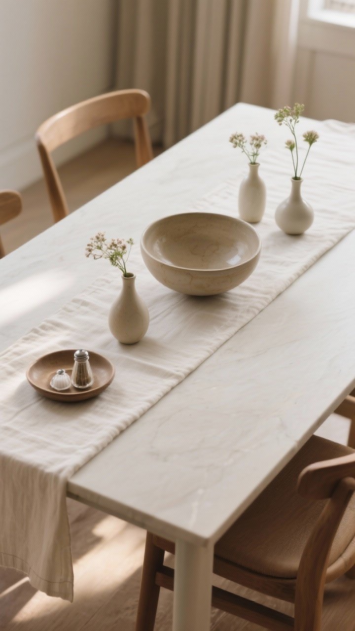 Overhead detail: Minimal table styling—one sculptural low ceramic bowl centerpiece under 12 inches tall, trio of bud vases spaced casually, a tailored linen runner (or bare table edge visible), and a small tray with salt, pepper, and a petite vase; clean composition, warm natural light, photorealistic.