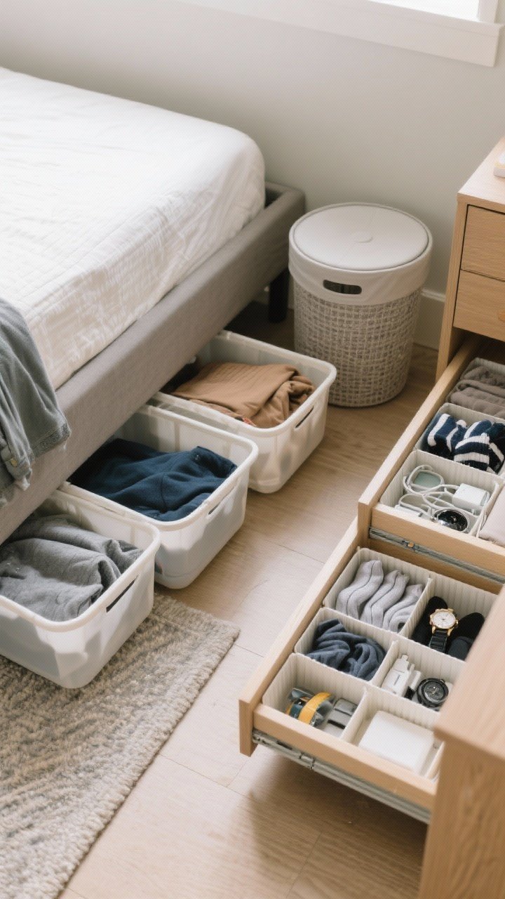 Overhead detail of storage solutions: Under-bed bins partially pulled out holding off-season clothes, a lidded laundry hamper in the corner, and a dresser drawer open to reveal organizers neatly corralling socks, chargers, and watches. The scene suggests a quick 5-minute nightly reset, clean and zen.