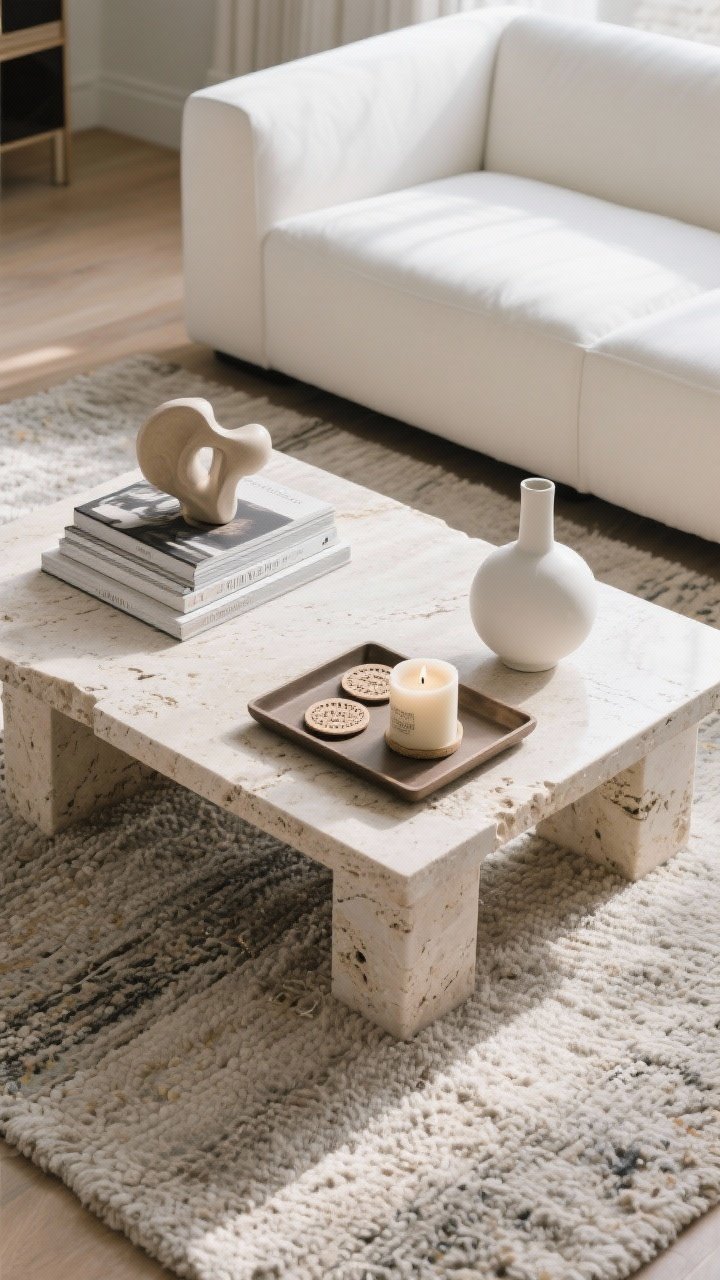 Overhead detail shot: A killer coffee table vignette contrasting a white sofa—chunky rectangular travertine table centered on a textured rug; simple styling: a tray with candle, coasters, and a small vase; a neat stack of design books topped with a sculptural object; ample open surface left for function; soft diffuse daylight.