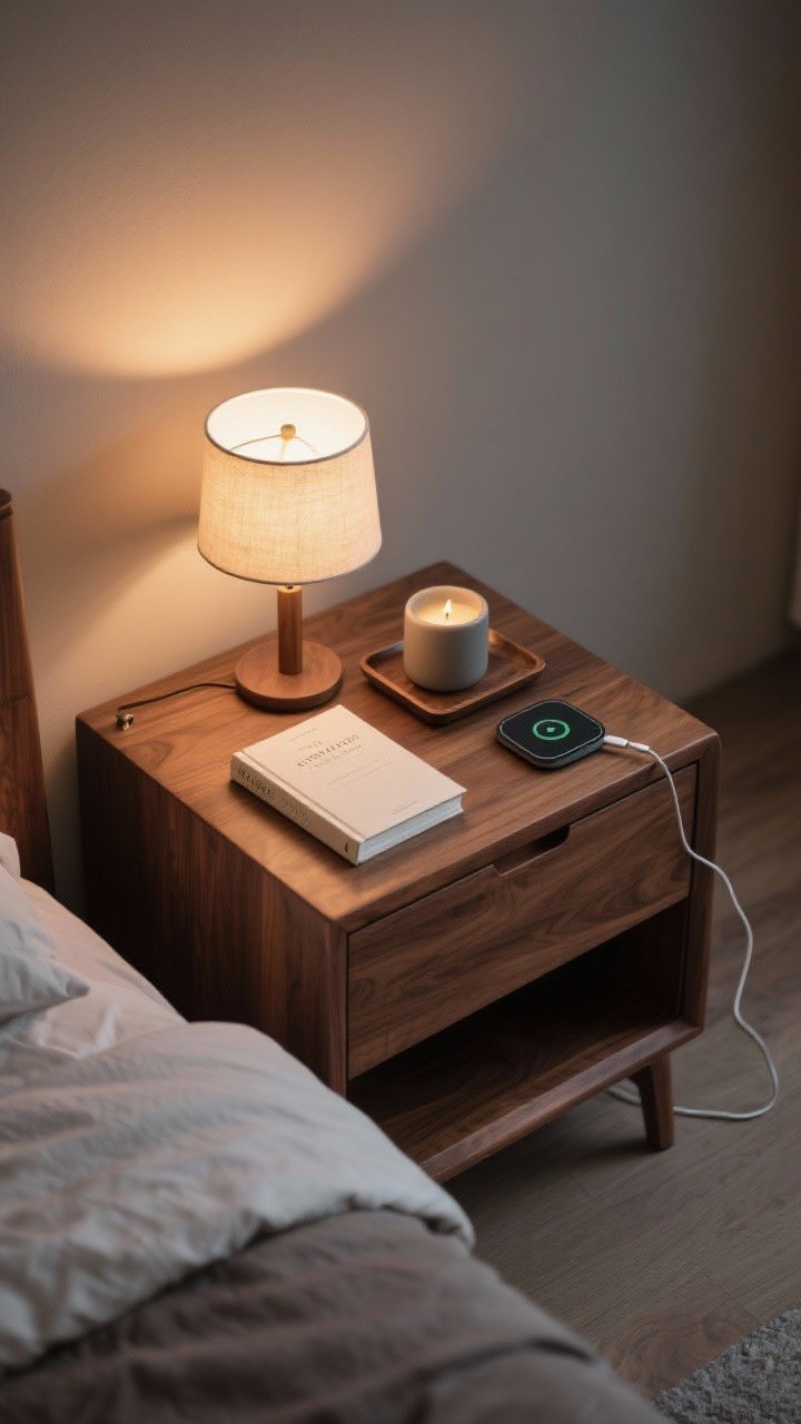 Overhead detail shot: A sleek walnut nightstand styled with a dimmable small lamp, a single hardcover book, and one personal item on a small tray (matte ceramic candle); a wireless charging pad with no visible cables; minimal hardware and clean lines; warm evening glow from the lamp, photorealistic.