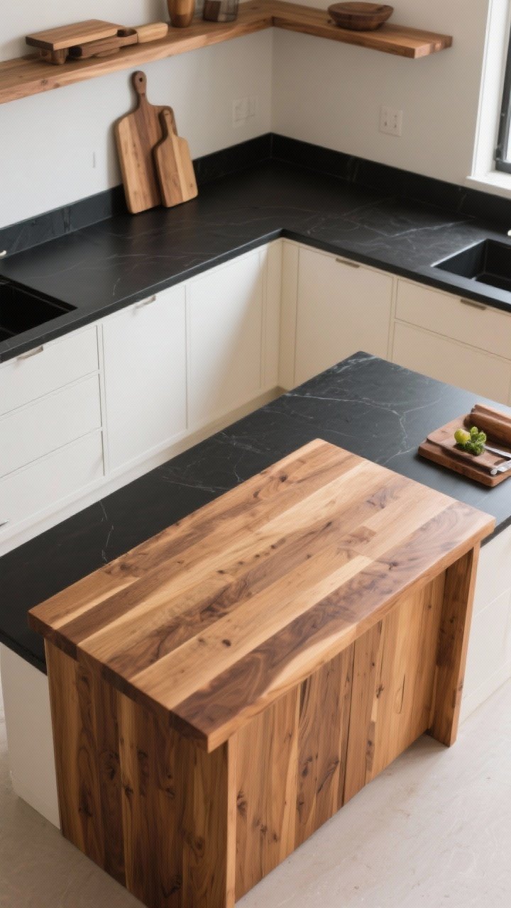 Overhead detail shot: A two-surface countertop layout showing matte black perimeter counters adjacent to a warm wood butcher block island with wider planks; simple cabinet colors in natural wood and soft white, with repeated wood tones in open shelves and cutting boards for cohesion; balanced, natural light; photorealistic.