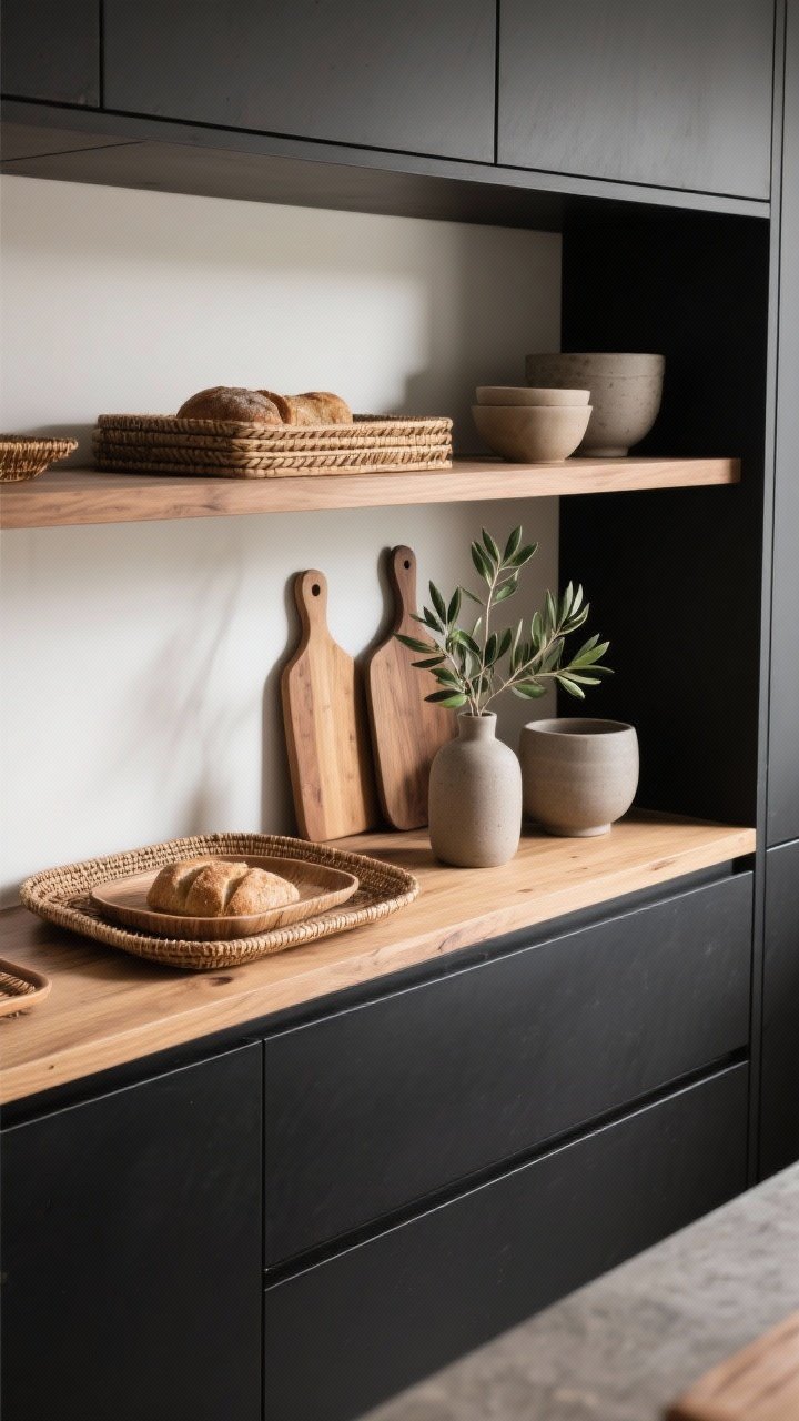 Overhead detail shot: An open wood shelf styled with layered natural materials—one hero wood tone, woven trays, breadboards, and matte ceramic stoneware, with a small vase of olive branches adding organic green; curated, minimal composition against a backdrop of black cabinetry; soft natural daylight.