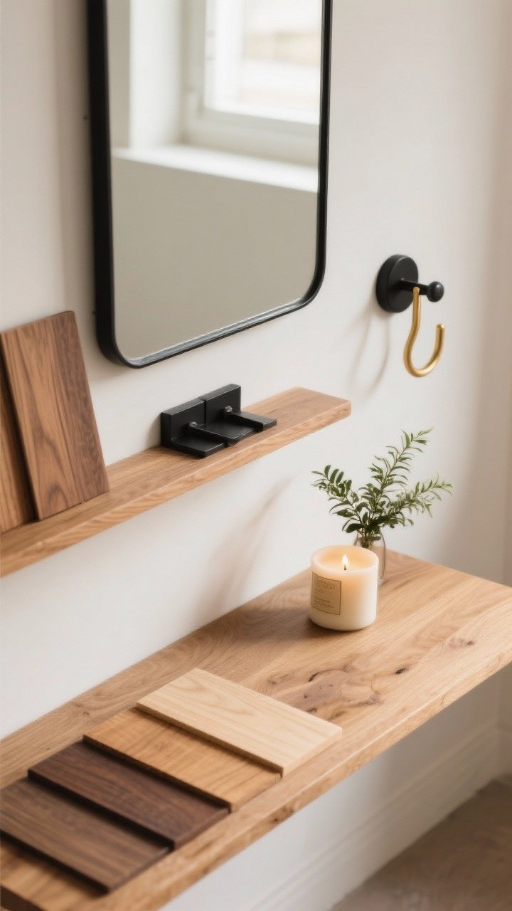 Overhead detail shot: Cohesive flat-lay on a wood shelf—samples of matching wood tones (vanity, mirror, shelf), matte black and brass hardware, edited selection of decor (one candle, one small plant), and a simple hook to suggest function. Balanced composition, natural light, intentional minimalism.