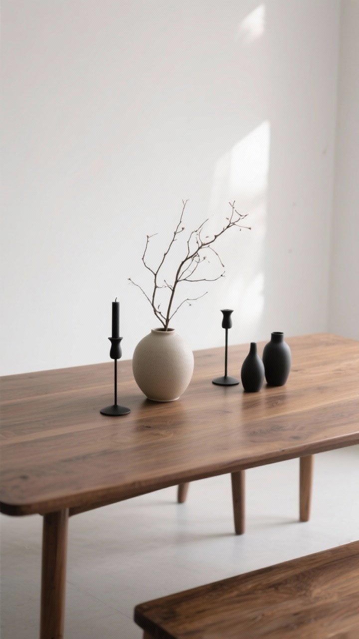 Overhead detail shot: Edited, purposeful styling—a single hero centerpiece (a simple ceramic vase with branches) centered on a bare wood table; a balanced pair of matte black candlesticks and two matching small vases grouped to one side; empty white space around objects emphasizing breathing room; soft, indirect light.