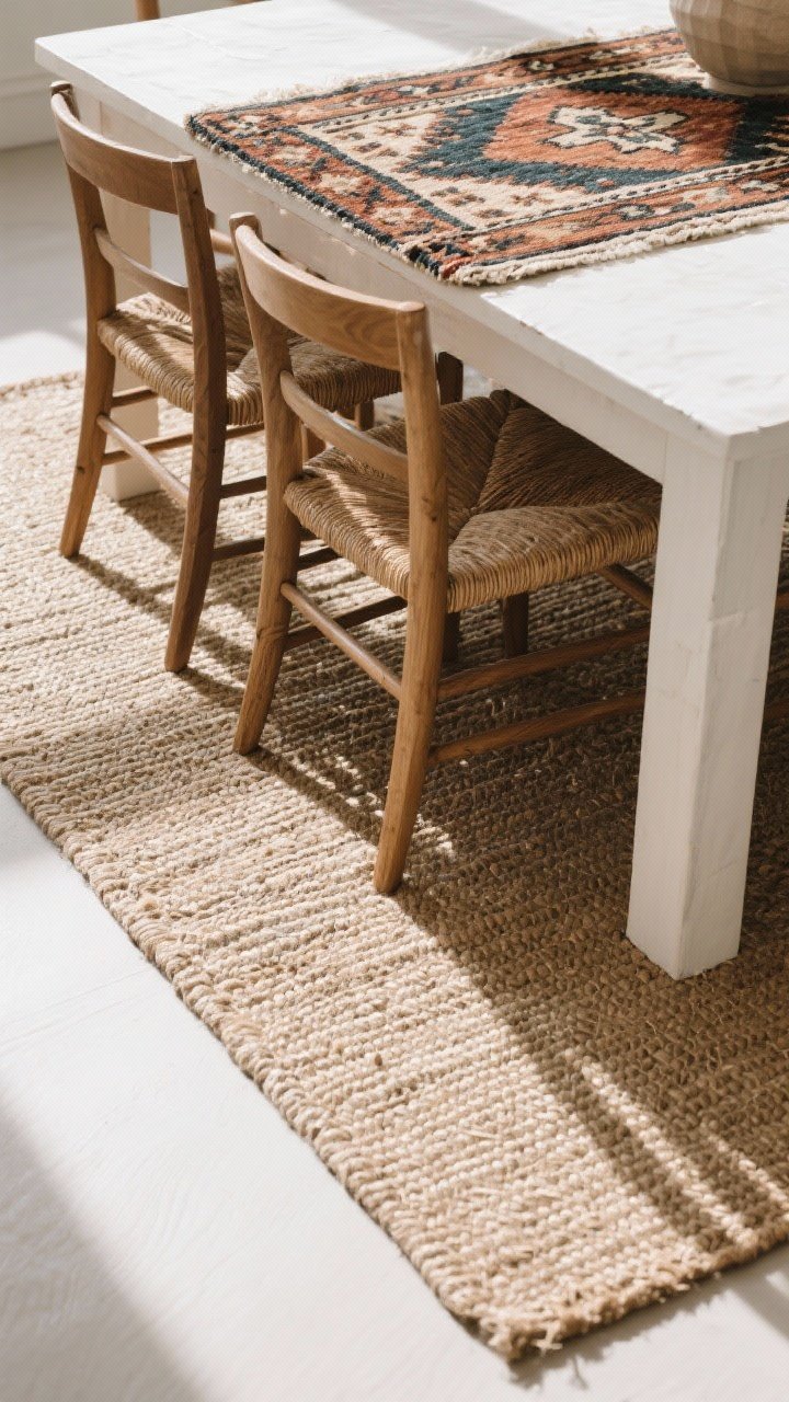 Overhead detail shot: Layered rugs under a dining table—sturdy jute base rug with a smaller patterned vintage kilim rug layered on top, chair legs resting securely, flat-weave textures clearly visible. The rug extends at least 24 inches beyond the table edges; crisp daylight to show weave and practicality.