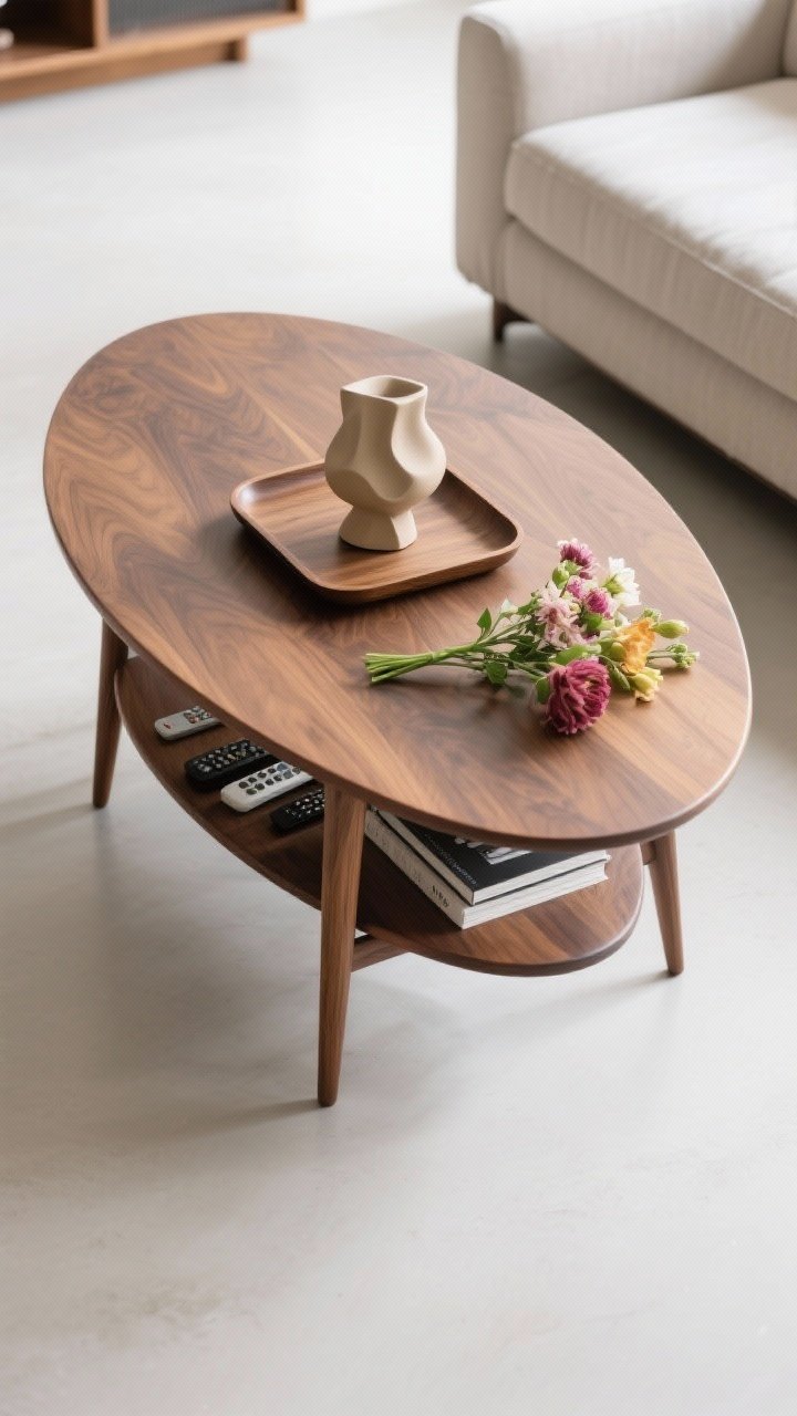 Overhead detail shot: Mid-century coffee table styling on an organic kidney-shaped walnut table with tapered legs. A low tray, a single sculptural object, and fresh flowers rest on the surface; an open shelf below hides remotes and books. Nearby, a sofa edge hints at clean lines. Clear, bright lighting, minimal and functional.