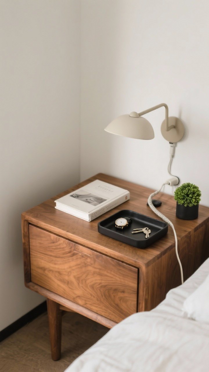 Overhead detail shot: Minimal nightstand setup with closed-storage drawer front in warm wood, a compact lamp, a single book, a small matte black catchall tray holding a watch and keys, a discreetly routed phone cord, and a tiny green plant. Clean, intentional composition with hidden clutter.