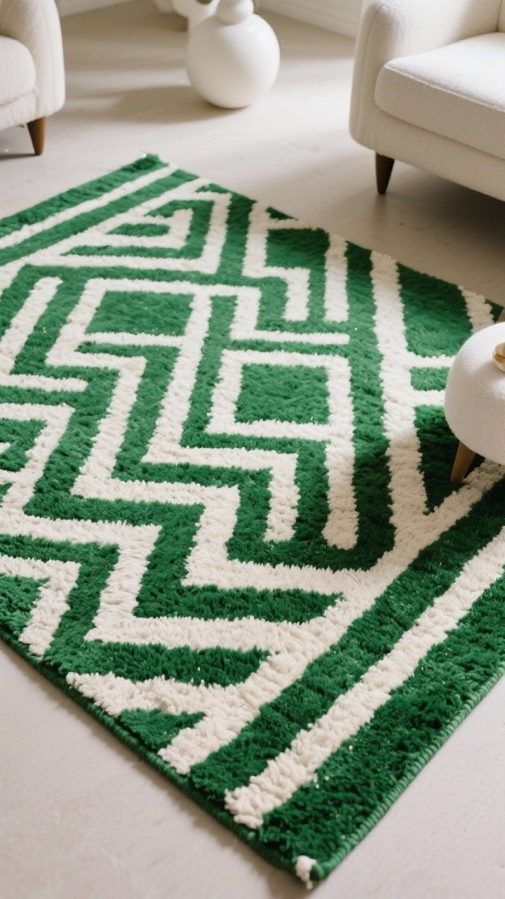 Overhead detail shot of a bold green-and-white statement rug (Moroccan-inspired geometric or classic stripe) with neutral white furniture feet visible at edges; minimal accessories so the rug dominates; soft ambient light to reveal pile and pattern contrast