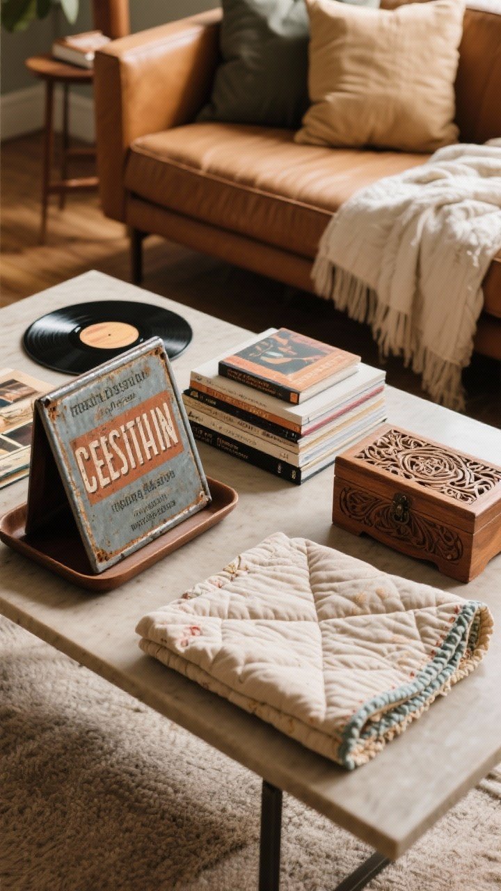 Overhead detail shot of a coffee table vignette that feels personal: vintage tin sign leaning on the table tray, stacked well-loved design books with a few vinyl records beside them, a carved wood box, a folded hand-me-down quilt edge visible on the sofa; mixed modern and vintage pieces in warm, earthy tones, lit with gentle afternoon light.