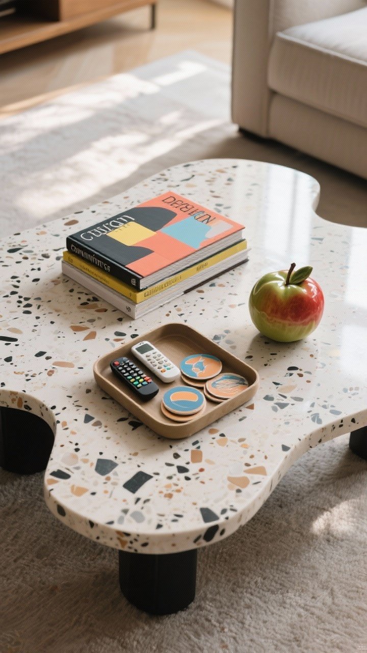 Overhead detail shot of a conversation-worthy coffee table: an irregular terrazzo table styled with two stacked design books with punchy covers, a small tray corralling remotes and coasters, and a whimsical ceramic fruit as the surprise object; leave intentional negative space so items breathe; soft morning light with subtle reflections.