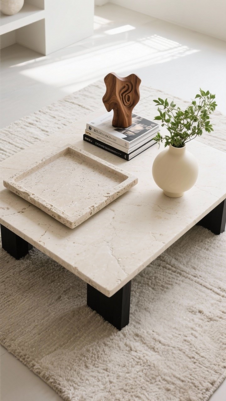 Overhead detail shot of a minimal, high-impact coffee table styling: one large tray in stone, one sculptural object in carved wood, a neat stack of design books, and a small cream vase with fresh greenery; palette restricted to cream, stone, wood, and black; placed on a neutral rug; bright but diffused natural light for crisp clarity.