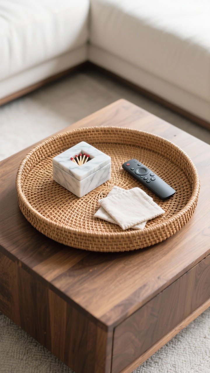 Overhead detail shot of a round rattan tray anchoring a boxy walnut coffee table: inside the tray, a small lidded marble box for matches, a sleek remote, and a pair of linen coasters. Include subtle contrast between the woven rattan texture and the smooth marble. Bright, clean daylight; modern minimal living room context, no people.