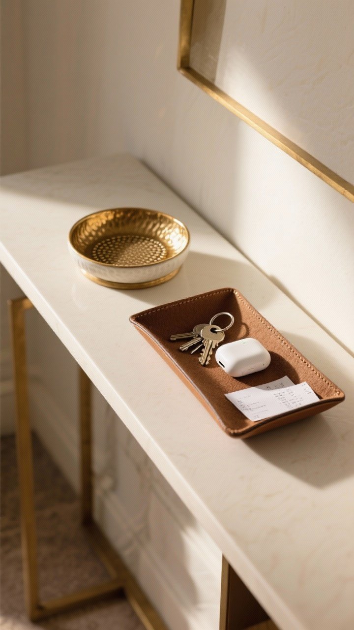 Overhead detail shot of a slim console ledge styled with a shallow hammered brass key dish and a separate leather-lined valet tray; ceramic dish slightly textured with nonslip pads visible under the base; soft felt liner inside the tray muting the clink of keys; keys, AirPods case, and a couple of receipts neatly corralled; warm afternoon light creating gentle highlights on brass and ceramic surfaces.