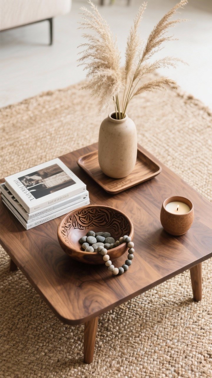 Overhead detail shot of a styled coffee table: a low wooden table on a jute rug with a tall vase of dried grasses, a tray with stacked design books, a carved wooden bowl with stone bead garland, and a small candle in an earthy ceramic holder; edited, intentional arrangement with negative space.