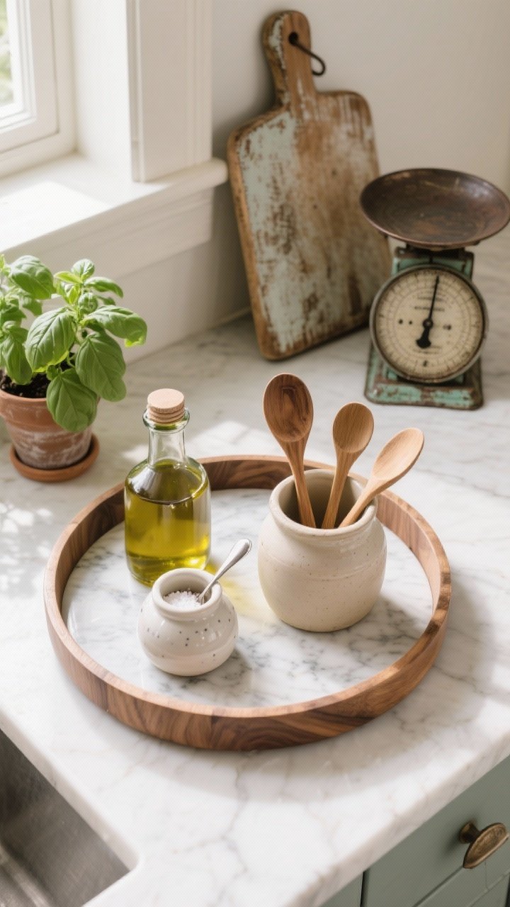 Overhead detail shot of a styled countertop tray: a round marble or wood tray corralling olive oil, a ceramic salt cellar with a small spoon, and a crock holding wooden spoons; nearby, a worn vintage cutting board and a petite antique scale; a small pot of basil adds freshness; soft window light and gentle shadows.