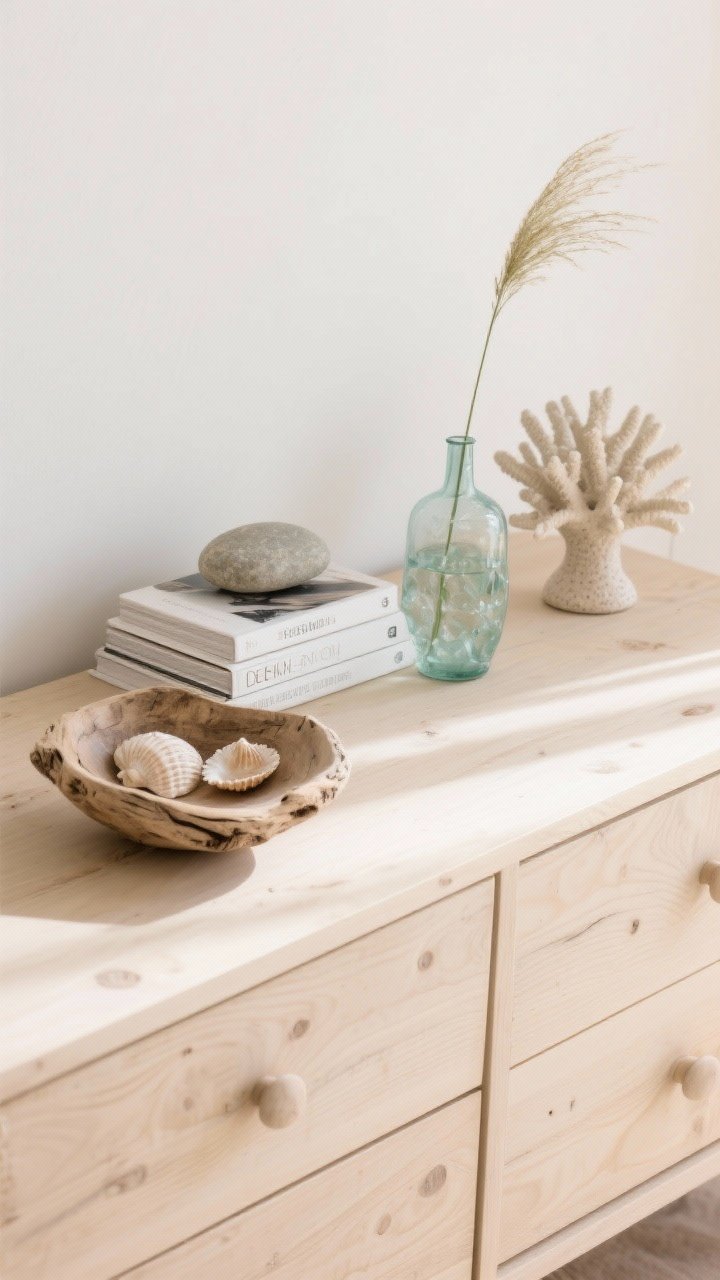 Overhead detail shot of curated beach-inspired decor on a light wood dresser: a driftwood bowl holding a couple of collected shells, a small stack of design books topped with a smooth stone, a sea-glass-toned glass vase with a single grass stem, and a ceramic coral-inspired object; ample negative space for a calm look; soft natural light; photorealistic